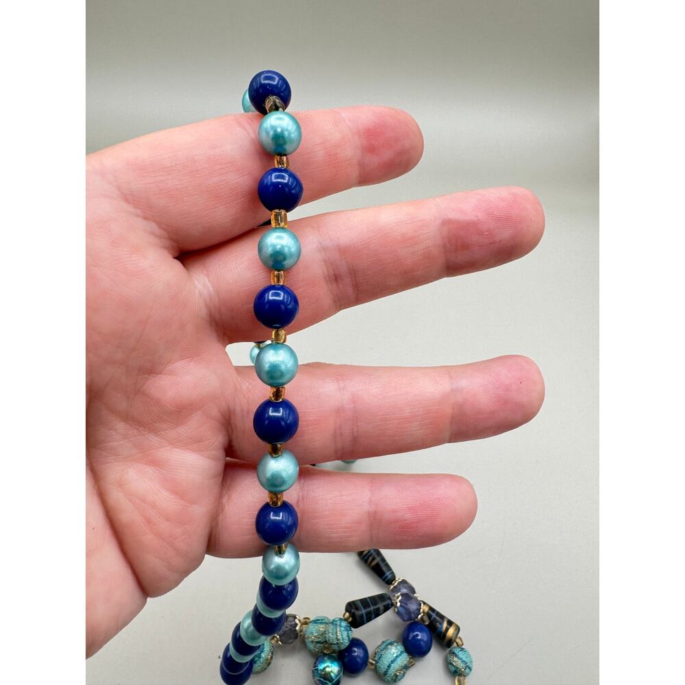 Vintage Blue Teal Gold Metallic Beaded Necklace - Picture 10 of 10